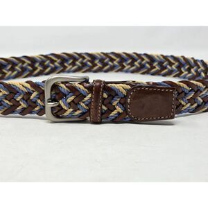 EMIDIO TUCCI LEATHER BROWN BLUE CREAM STRETCH WOVEN SILVER MENS BELT 40"